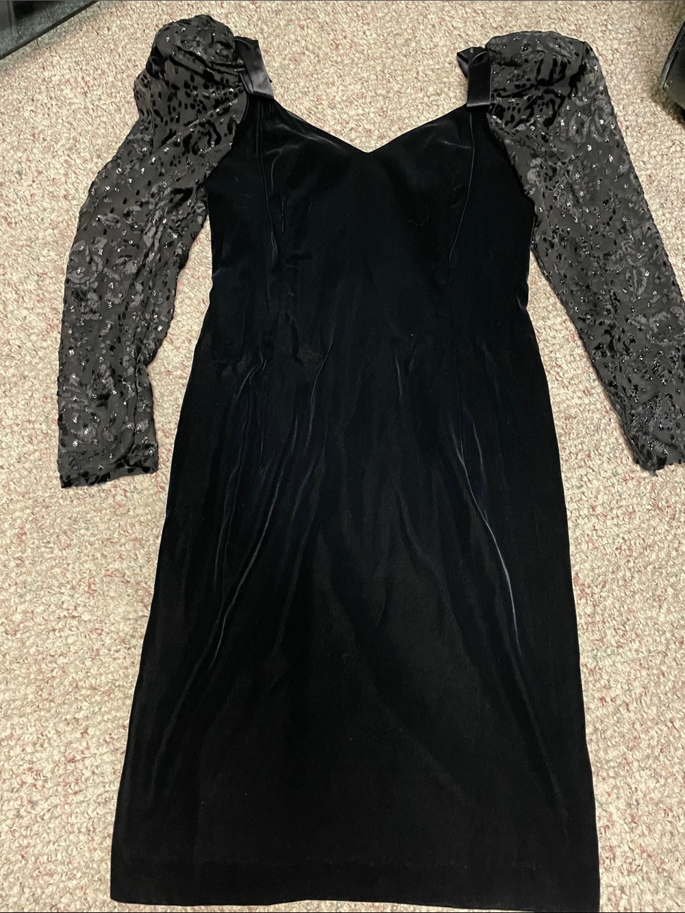 Vintage 90s Black Velvet Dress with puffy ribbon accent Sheer shimmery Sleeves